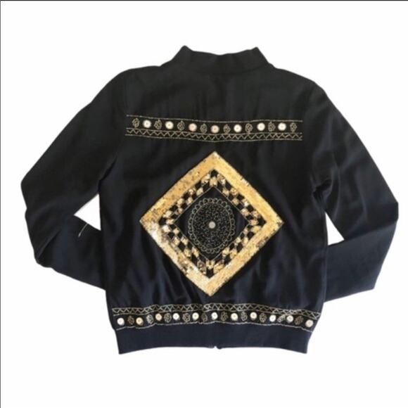 NEW DOLLS KILL MISSGUIDED Gold Sequined Emblem Black Zipper Bomber Jacket Coat 4 - Picture 1 of 8